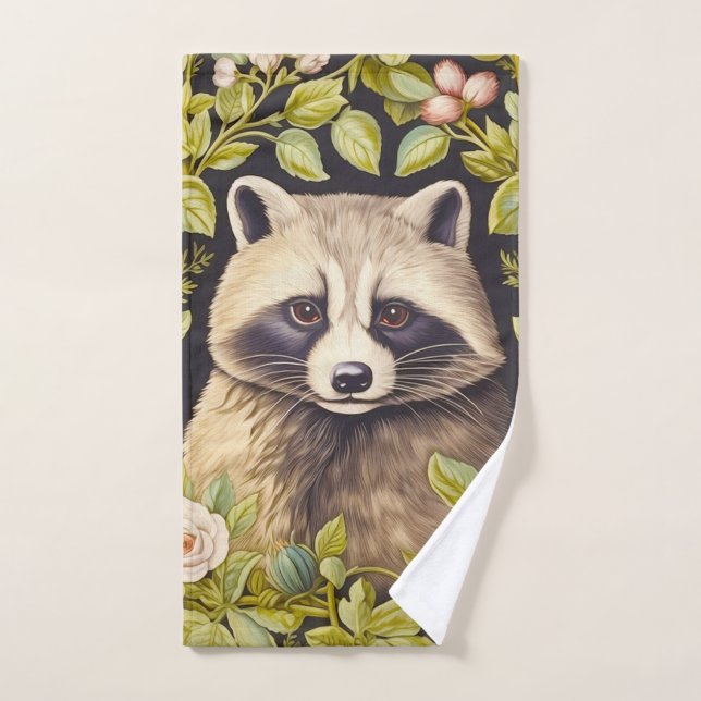 Raccoon and green leaves inspired William Morris Hand Towel (Hand Towel)