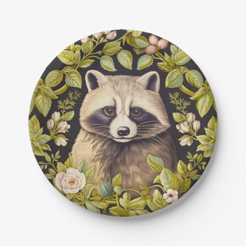 Raccoon and green leaves inspired William Morris Paper Plates