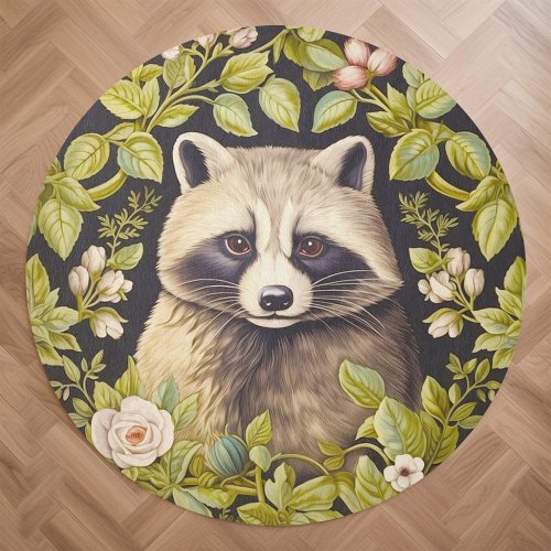Raccoon and green leaves inspired William Morris Rug