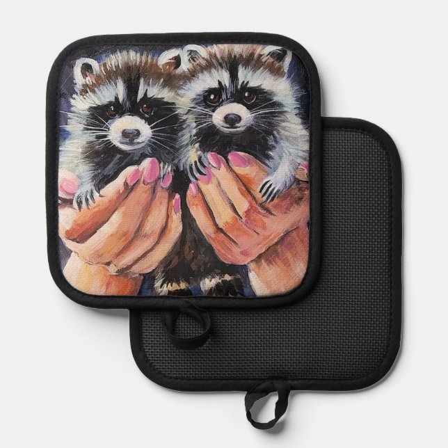 Raccoon and Helping Hands Pot Holders (Front/Back)