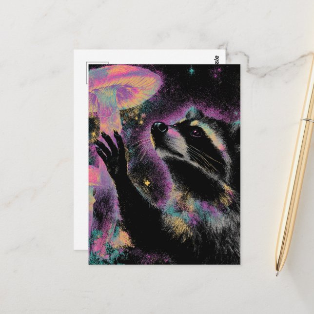 Raccoon and Mushroom Postcard (Front/Back In Situ)