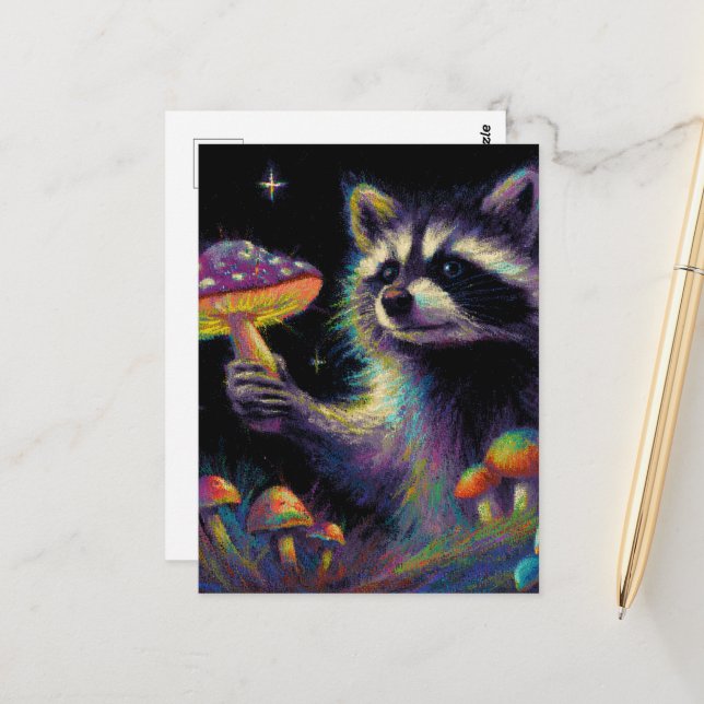 Raccoon and Mushrooms Postcard (Front/Back In Situ)