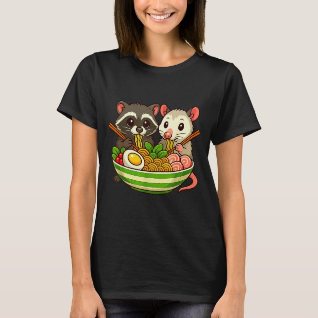 Raccoon And Ossum Eating Ramen Noodles  T-Shirt (Front)