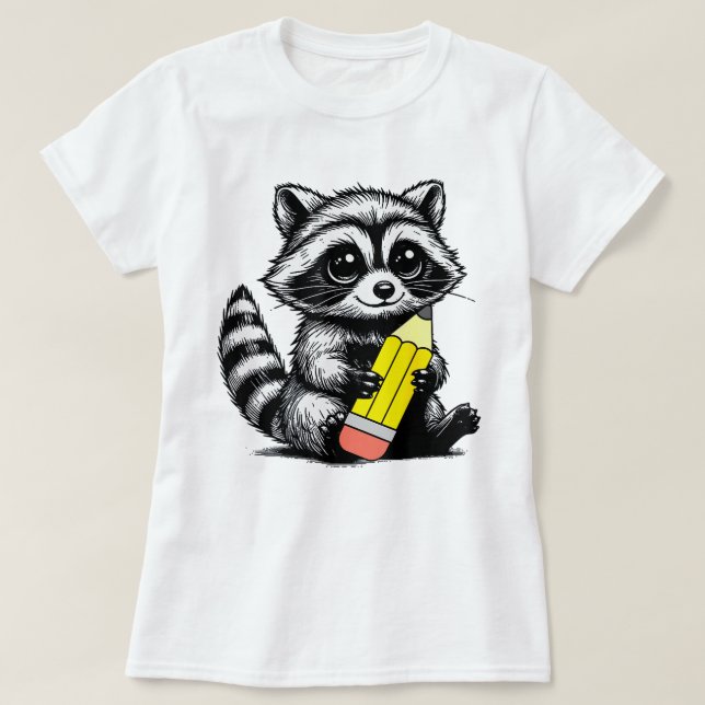 Raccoon and Pencil Cute Raccoon Teacher Lover T-Shirt (Design Front)