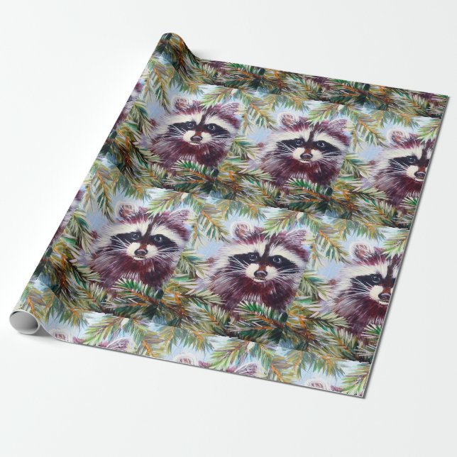 Raccoon and Pine Tree Christmas Wrapping Paper (Unrolled)