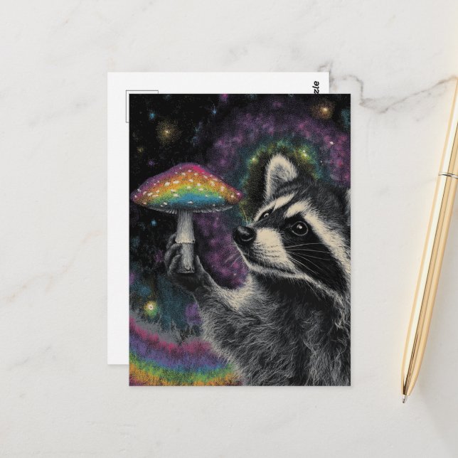 Raccoon and Rainbow Mushroom Postcard (Front/Back In Situ)