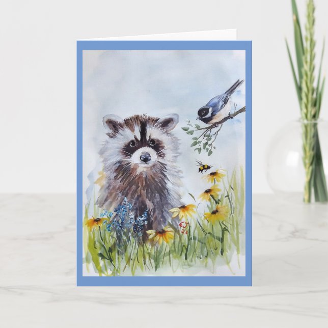 Raccoon and Spring Friends Blank Greeting Card (Front)