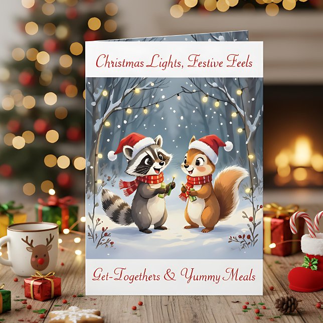 Raccoon and Squirrel Hanging Christmas Lights  Holiday Card (Creator Uploaded)