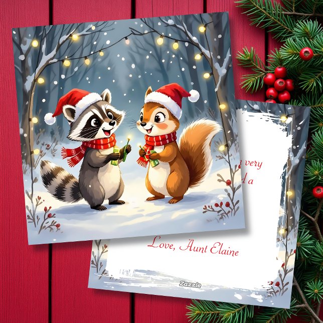 Raccoon and Squirrel Hanging Christmas Lights  Holiday Card (Creator Uploaded)