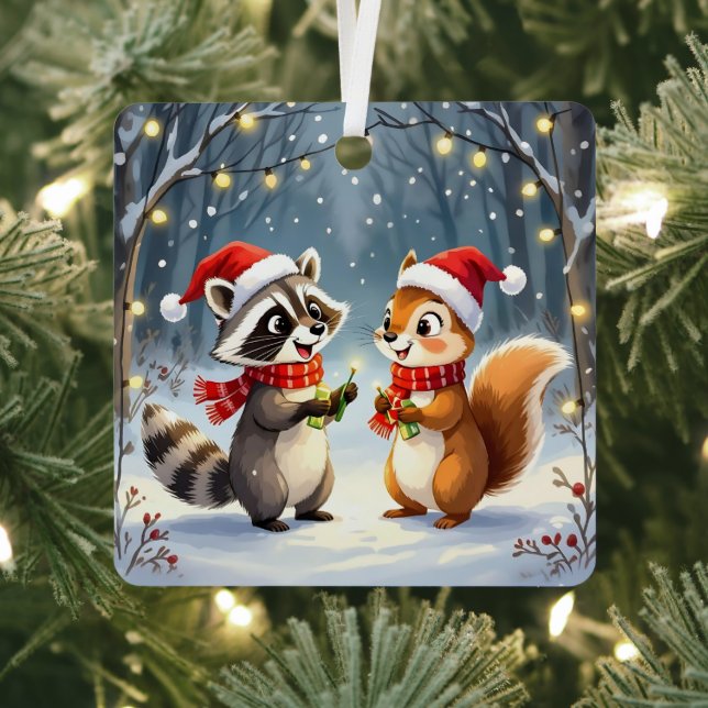 Raccoon and Squirrel Hanging Christmas Lights  Metal Ornament (Insitu)