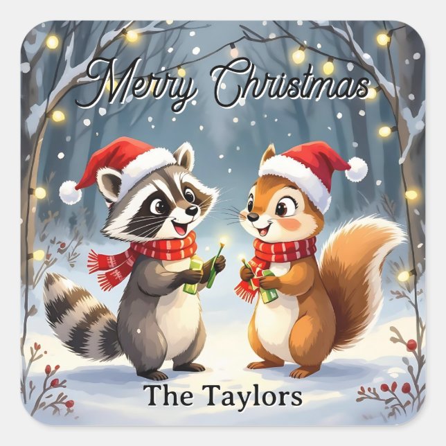 Raccoon and Squirrel Hanging Christmas Lights  Square Sticker (Front)