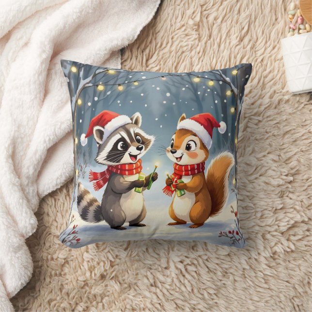 Raccoon and Squirrel Hanging Christmas Lights  Throw Pillow (Blanket)