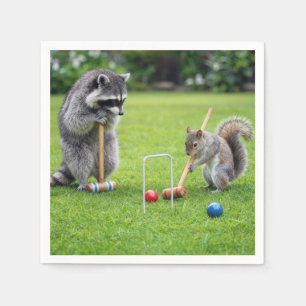 Raccoon and Squirrel Playing Croquet Napkins