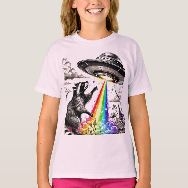 Raccoon and the Rainbow UFO in a wildflower meadow T-Shirt (Front)