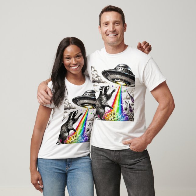 Raccoon and the Rainbow UFO in a wildflower meadow T-Shirt (Unisex)