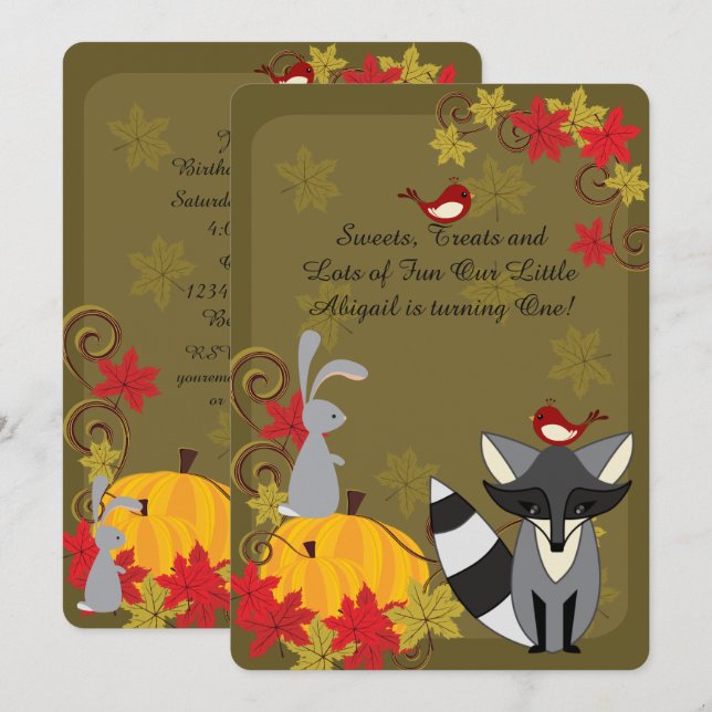 Raccoon and Woodland Animals Autumn 1st Birthday Invitation (Front/Back)