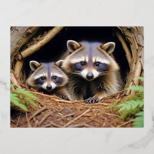 Raccoon Animal Nature Wildlife Affection Caring Foil Holiday Postcard