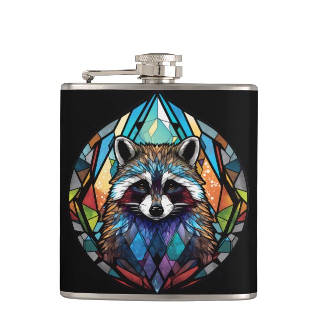 Raccoon Animal Portrait Stained Glass Wildlife Art Flask (Front)