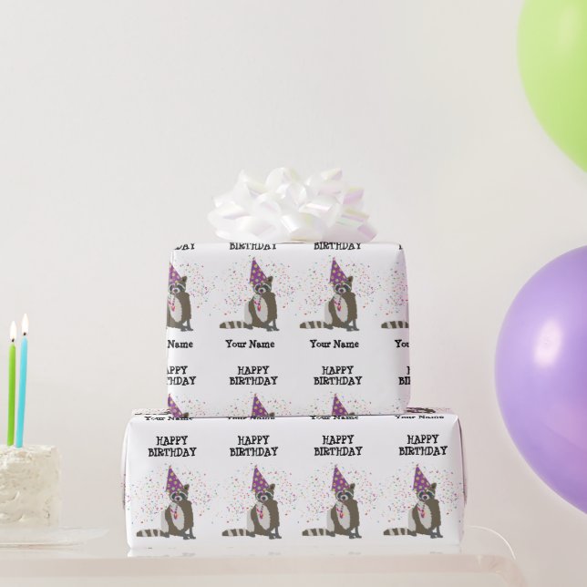 Raccoon - Animals Having a Party Boys Girls Name  Wrapping Paper (Party Gifts)