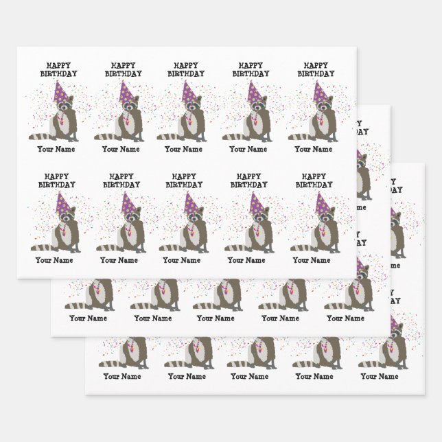 Raccoon - Animals Having a Party Boys Girls Name Wrapping Paper Sheets (Set)