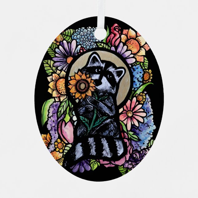 Raccoon Art Flower Raccoons Design with Sunflower  Metal Ornament (Front)