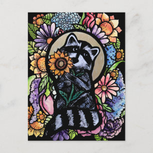 Raccoon Art Flower Raccoons Design with Sunflower Postcard