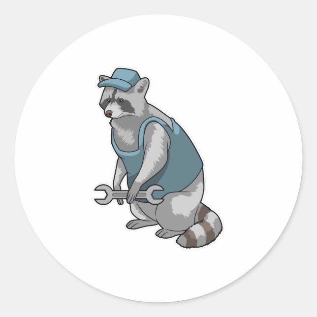 Raccoon as Craftsman with Wrench Classic Round Sticker (Front)