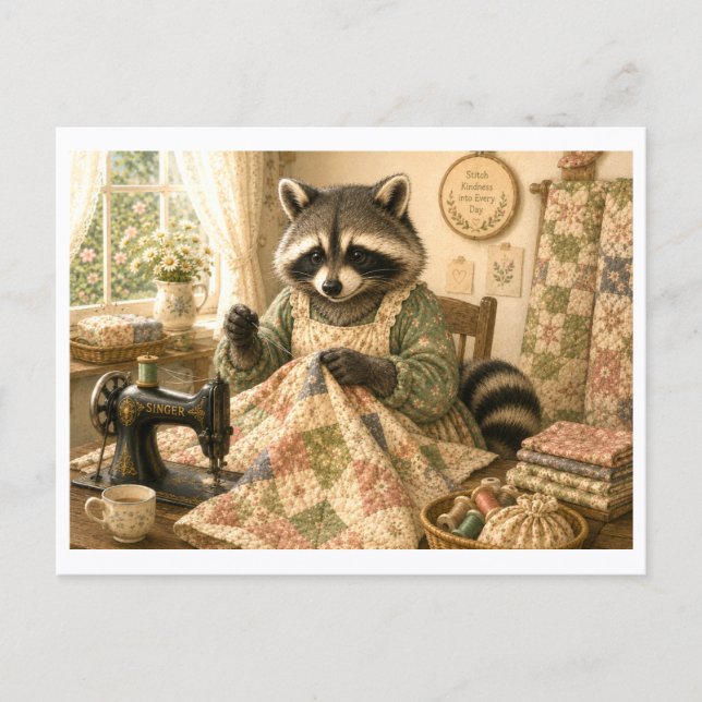 Raccoon as Quilter Postcard (Front)