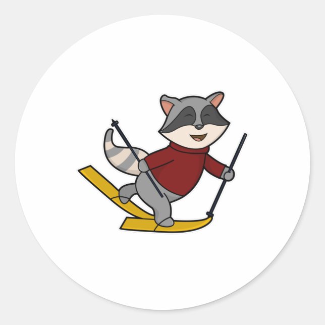 Raccoon as Skier with Skis & Ski poles Classic Round Sticker (Front)