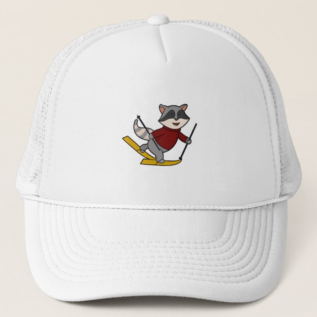 Raccoon as Skier with Skis & Ski poles Trucker Hat (Front)