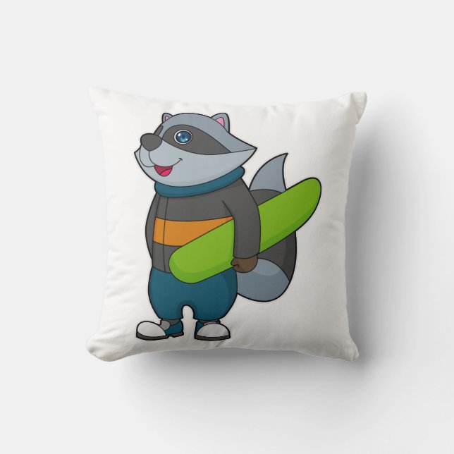 Raccoon as Snowboarder with Snowboard Throw Pillow (Front)