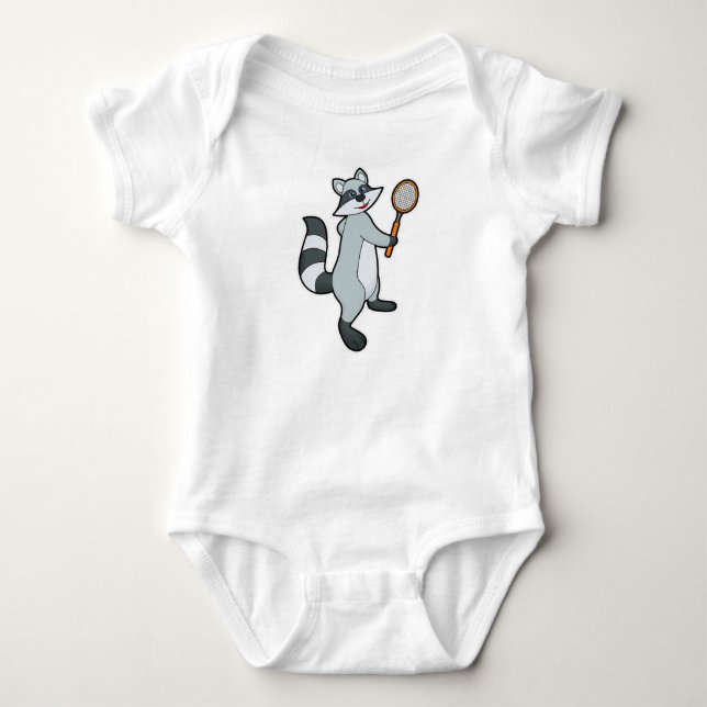 Raccoon as Tennis player with Tennis racket Baby Bodysuit (Front)