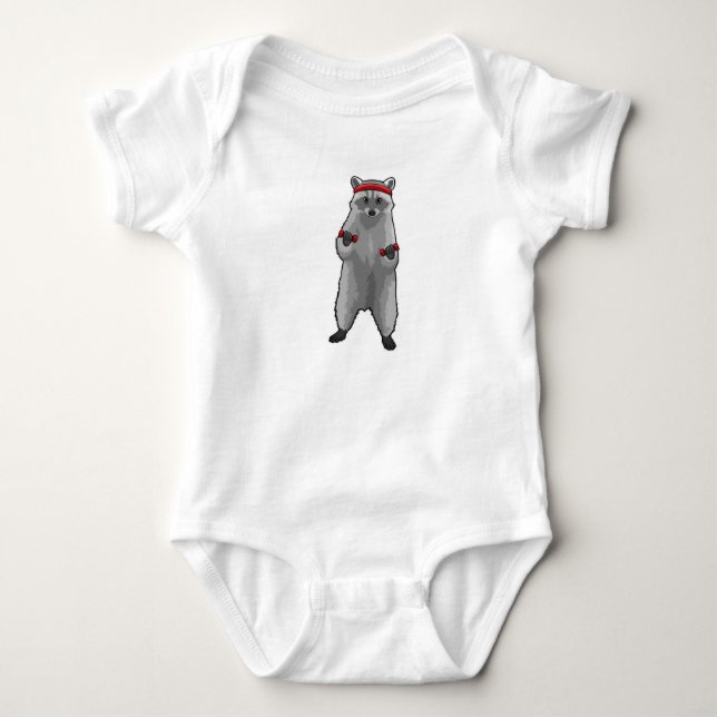 Raccoon at Fitness with Dumbbells Baby Bodysuit (Front)
