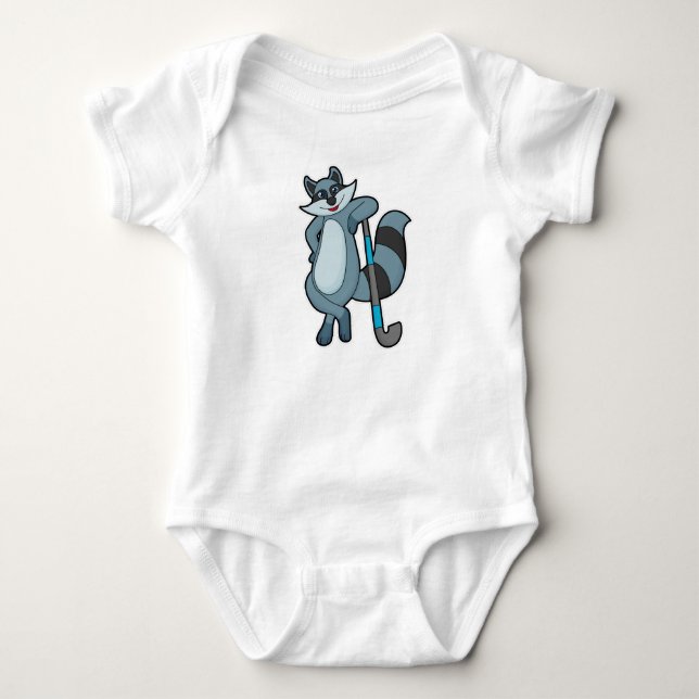 Raccoon at Hockey with Hockey stick Baby Bodysuit (Front)