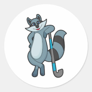 Raccoon at Hockey with Hockey stick Classic Round Sticker