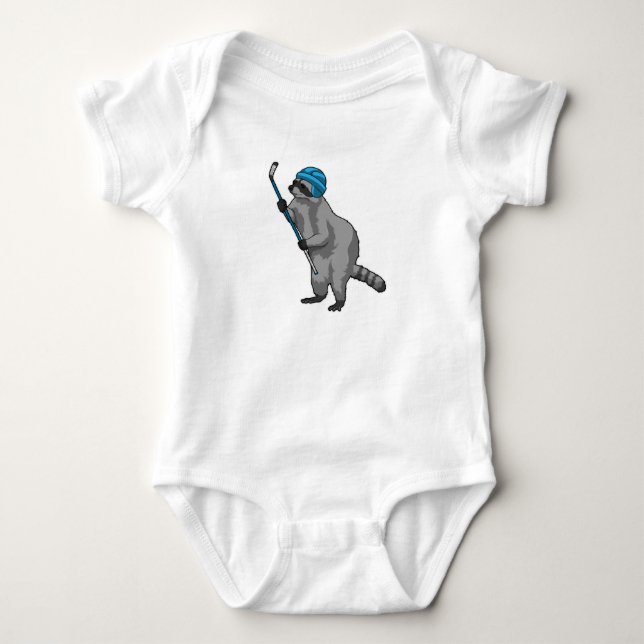 Raccoon at Ice hockey with Ice hockey stick Baby Bodysuit (Front)