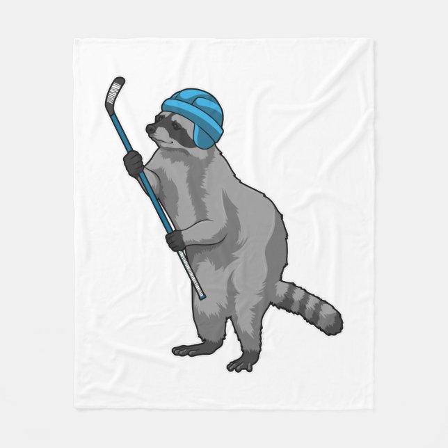 Raccoon at Ice hockey with Ice hockey stick Fleece Blanket (Front)
