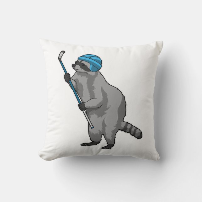 Raccoon at Ice hockey with Ice hockey stick Throw Pillow (Front)