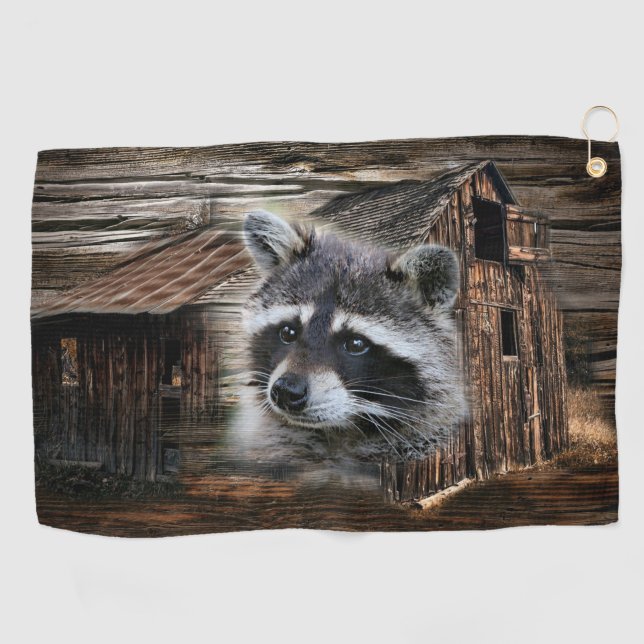 Raccoon At The Old Barn Golf Towel (Horizontal)