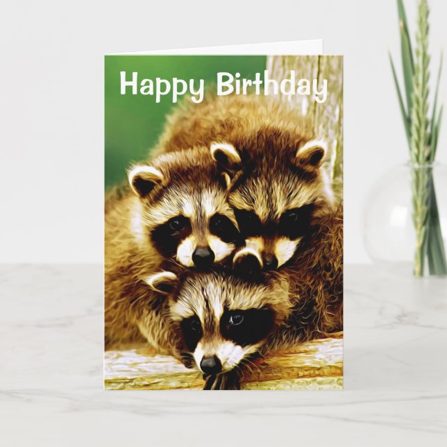 Raccoon Babies Happy Birthday Greeting Card (Front)