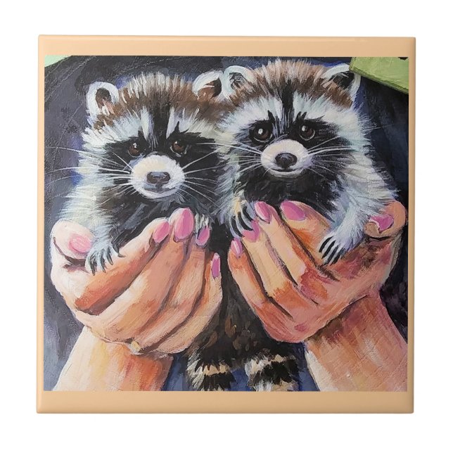 Raccoon Babies in Hands Ceramic Tile (Front)