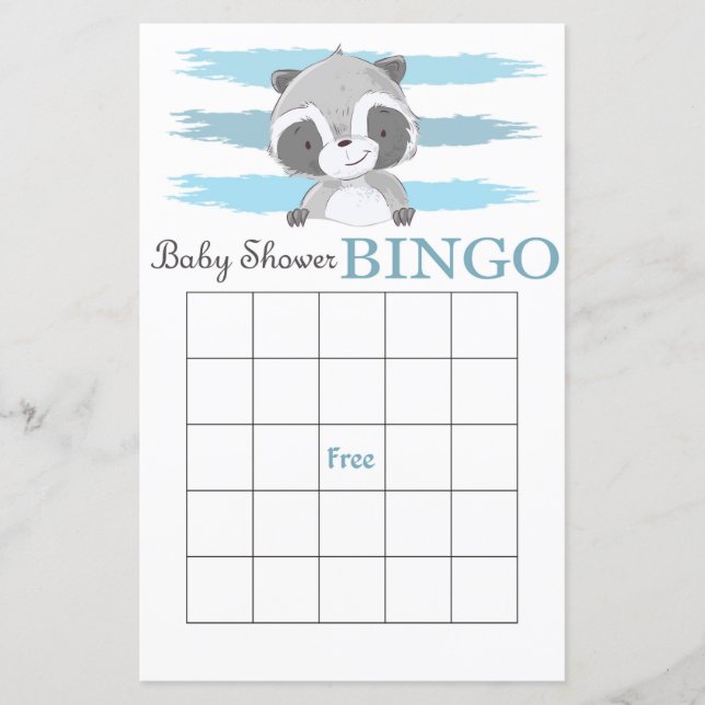 Raccoon baby shower bingo card (Front)