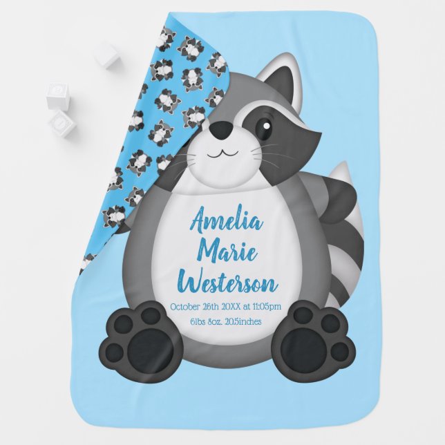 Raccoon Baby Shower Blue Baby Blanket (In Situ)