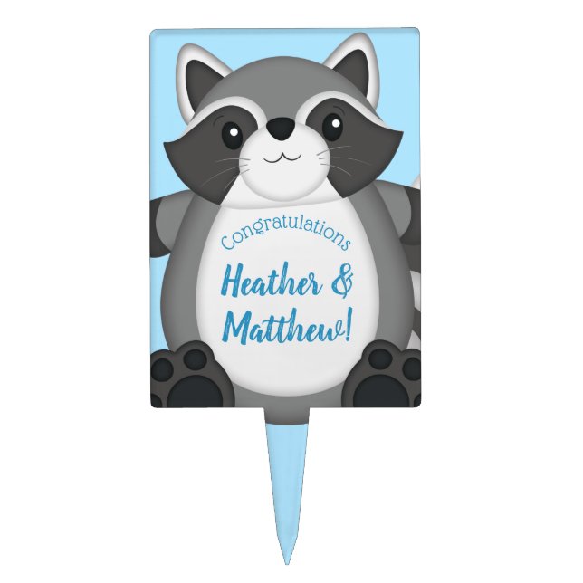 Raccoon Baby Shower Blue Cake Topper (Front)