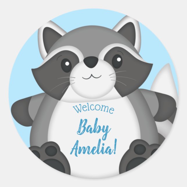Raccoon Baby Shower Blue Classic Round Sticker (Front)