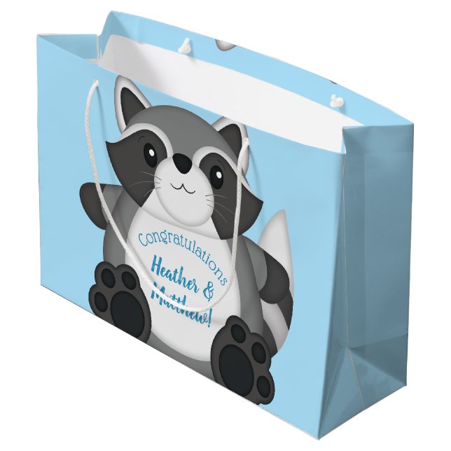 Raccoon Baby Shower Blue Large Gift Bag (Back Angled)