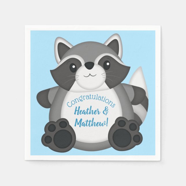 Raccoon Baby Shower Blue Napkins (Front)
