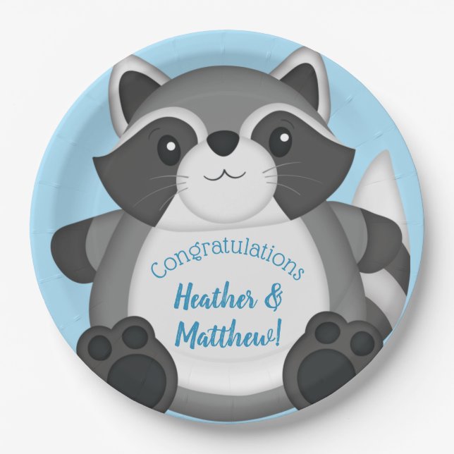 Raccoon Baby Shower Blue Paper Plates (Front)