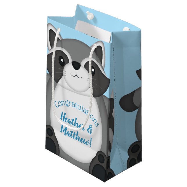 Raccoon Baby Shower Blue Small Gift Bag (Front Angled)