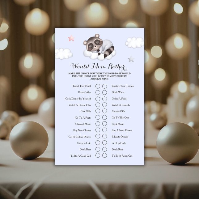 Raccoon Baby Shower Game Would Mom Rather (Gentle Raccoon Baby Shower Game Would Mom Rather)
